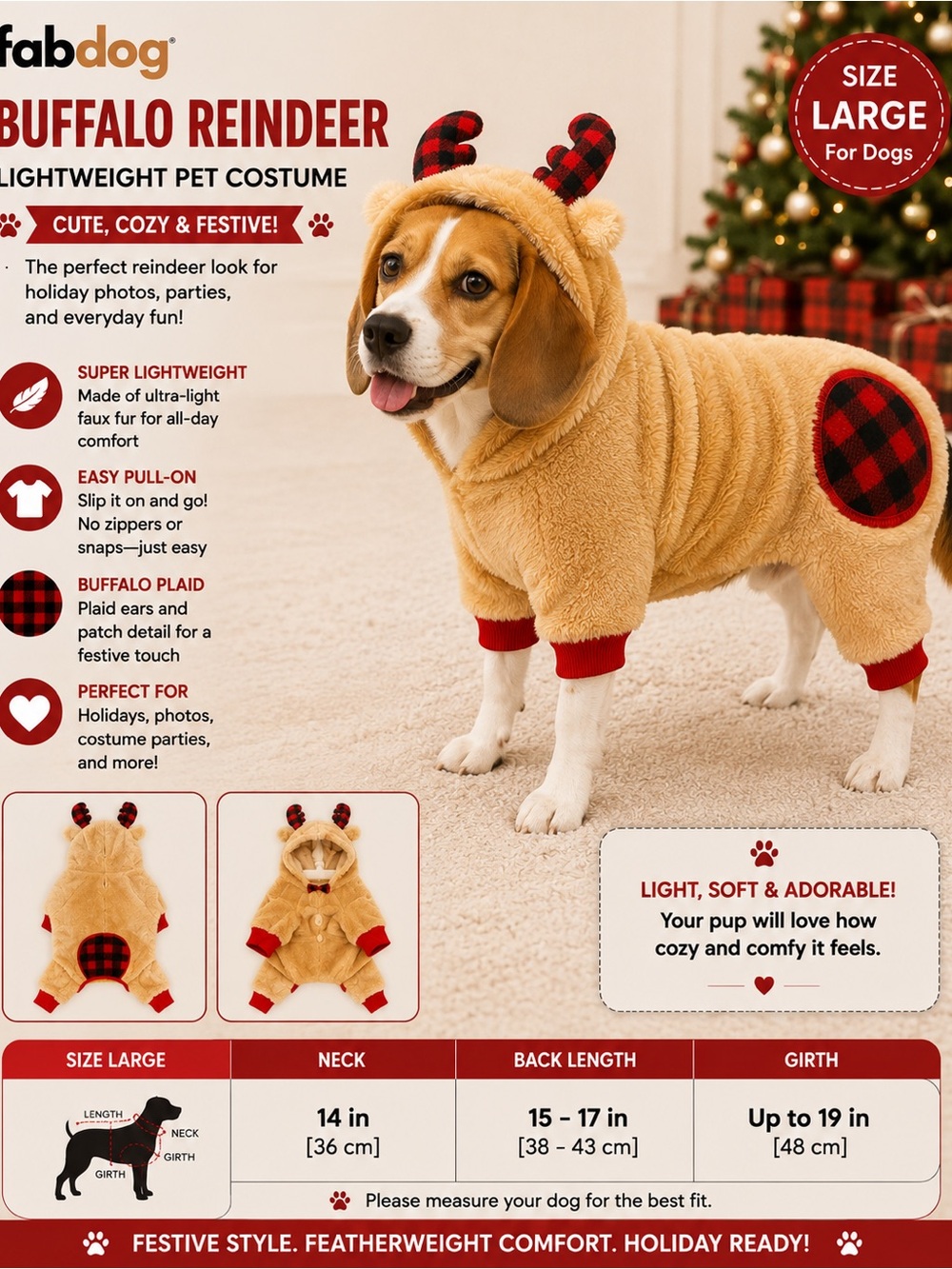 FABDOG BUFFALO PLAID REINDEER PET COSTUME – EXTRA SMALL  or Large